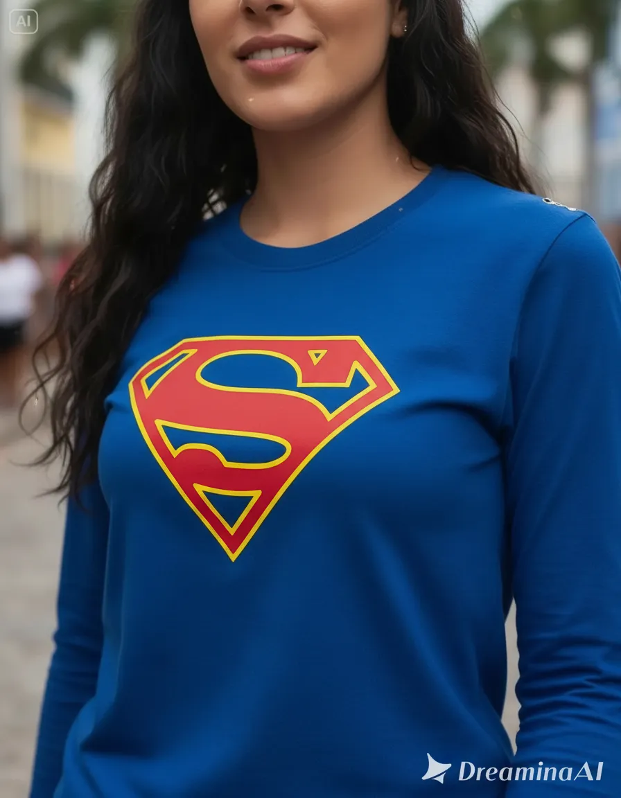 Camiseta Manga Longa Baby Look Azul Supergirl mlr