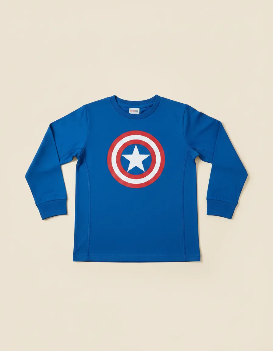Camiseta Manga Longa Infantil Unissex Azul Capitão América mlc