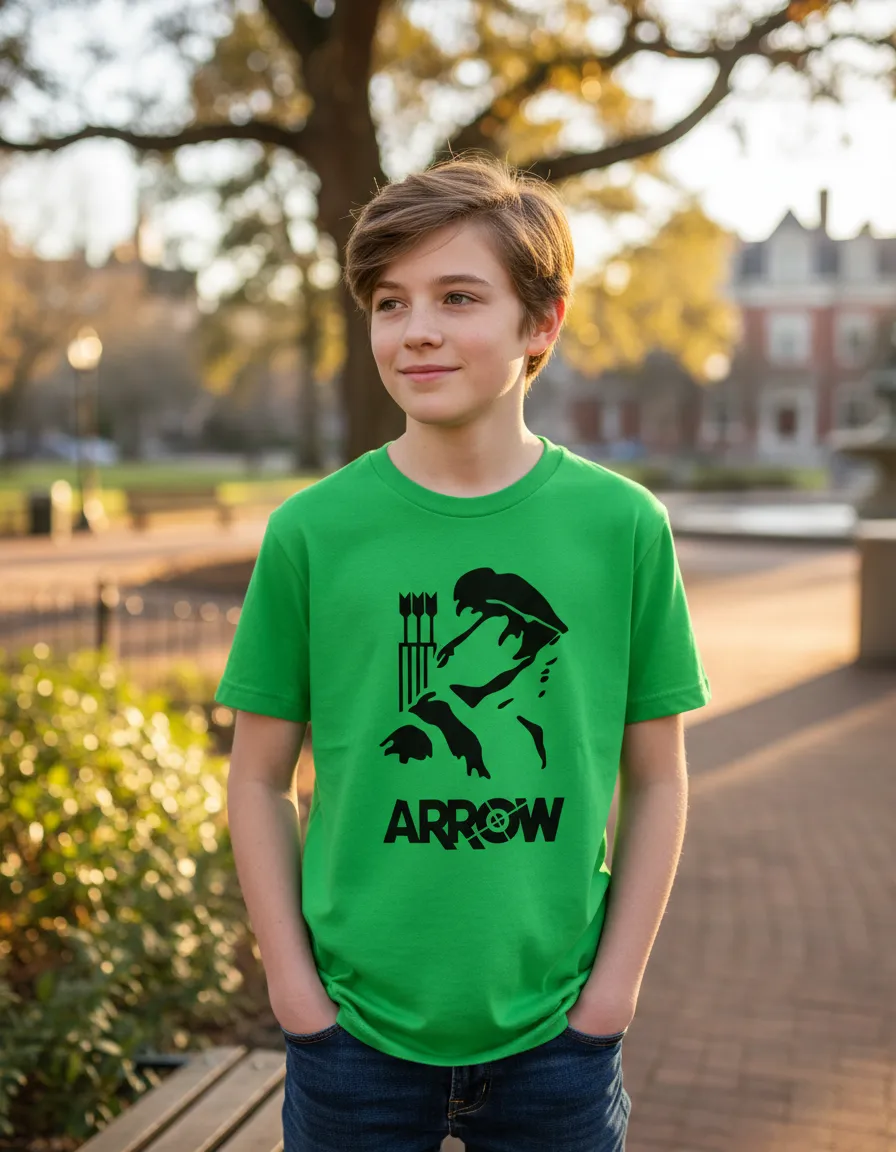 Camiseta Manga Curta Verde Infantil Unissex Arrow Arqueiro Verde Silk Screen Manual Premium ML