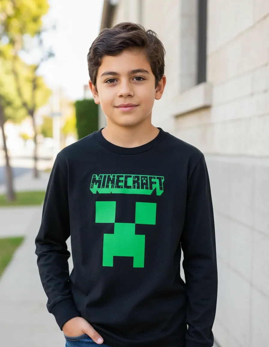 Camiseta Manga Comprida Longa Preta Infantil Unissex Minecraft Creeper Silk Screen Manual mlc