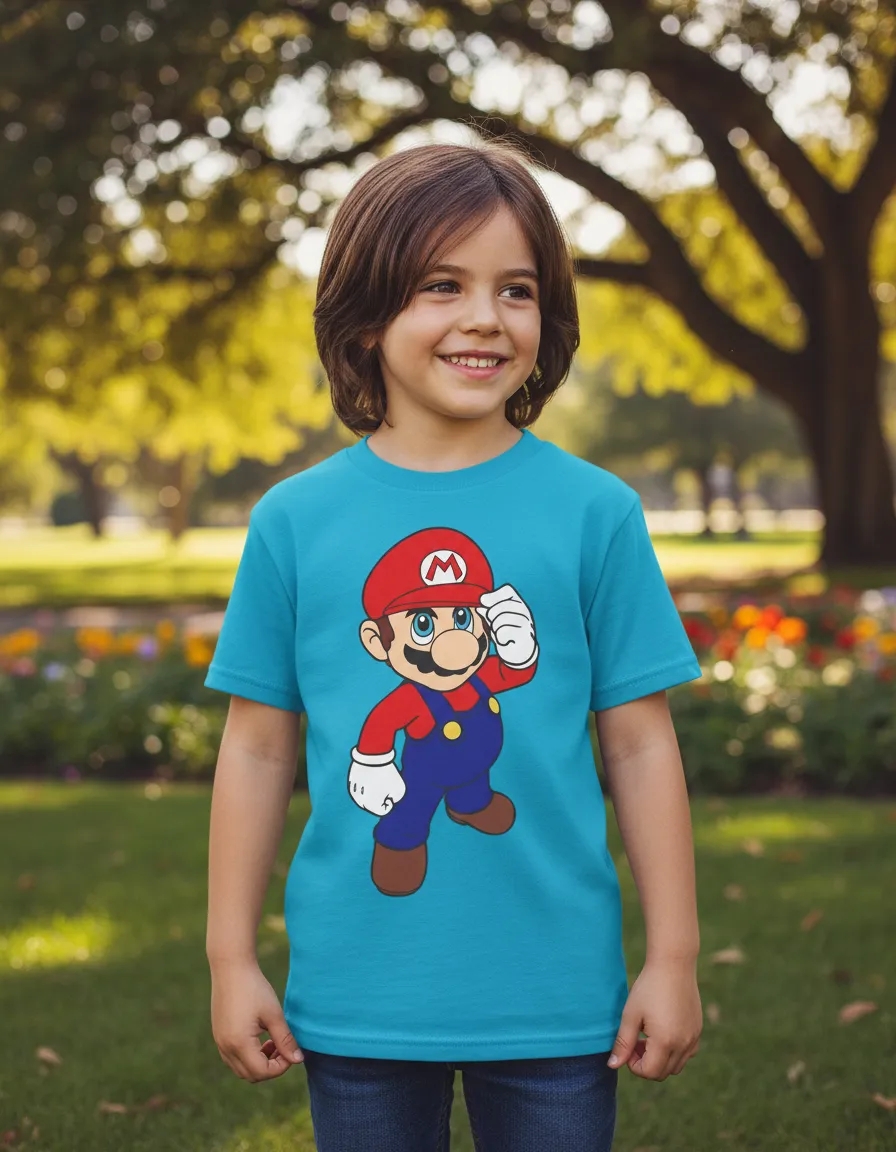 Camiseta Azul-turquesa Infantil Mário Bros Mod.2 mlc