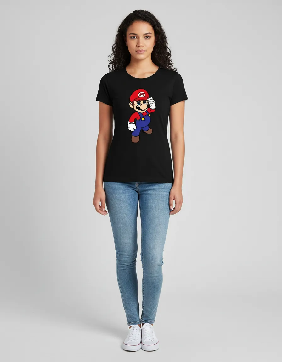 Camiseta Preta Feminina Baby Look Mario Bros Mod. 2 mlr