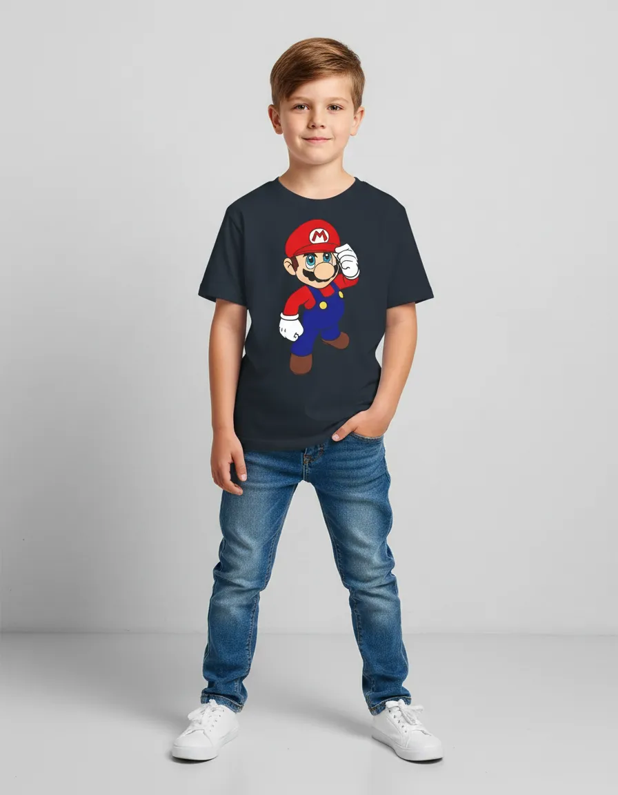 Camiseta Azul-marinho Infantil Super Mario Bros Mod.2 mlr