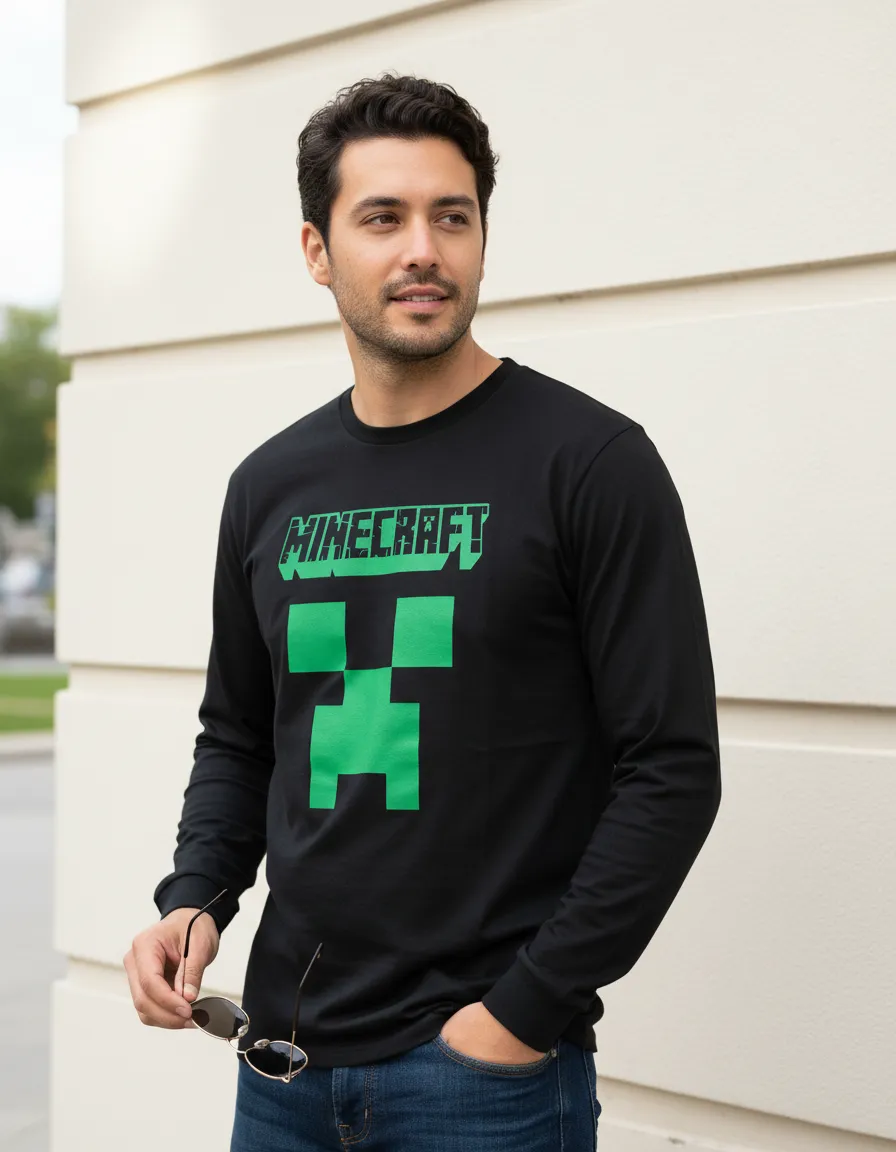Camiseta Manga Comprida Adulto Unissex Preta Minecraft Creeper mlc