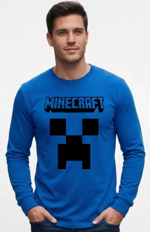 Camiseta Manga Comprida Adulto Unissex Azul Minecraft Creeper mlc