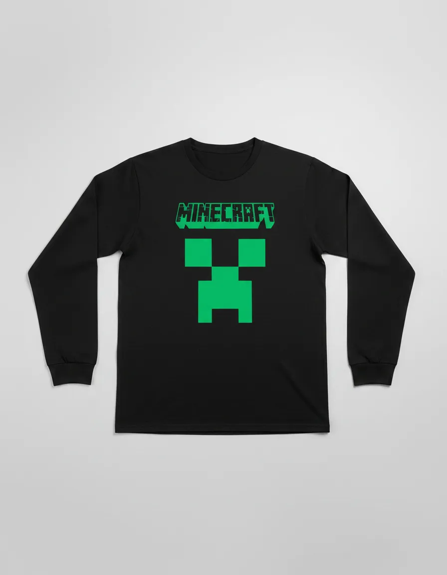 Camiseta Manga Comprida Adulto Unissex Preta Minecraft Creeper mlc