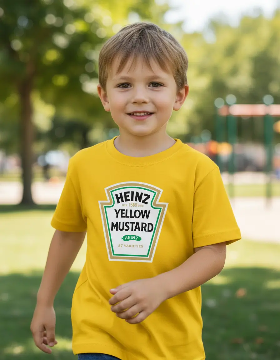 Camiseta Infantil Manga Curta Malha PV Amarela Heinz Mostarda Estampa Silk Screen Manual Premium mlr