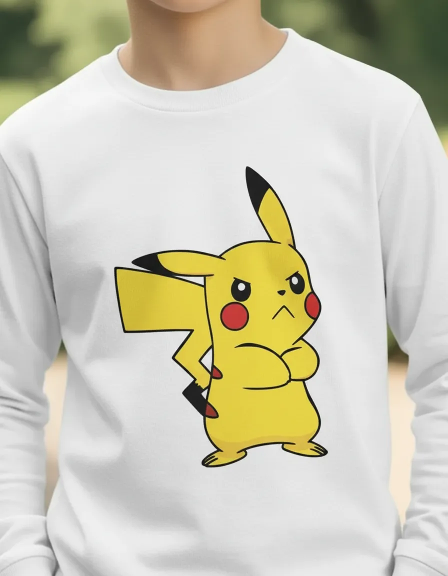 Camiseta Manga Longa Branca Infantil Pikachu