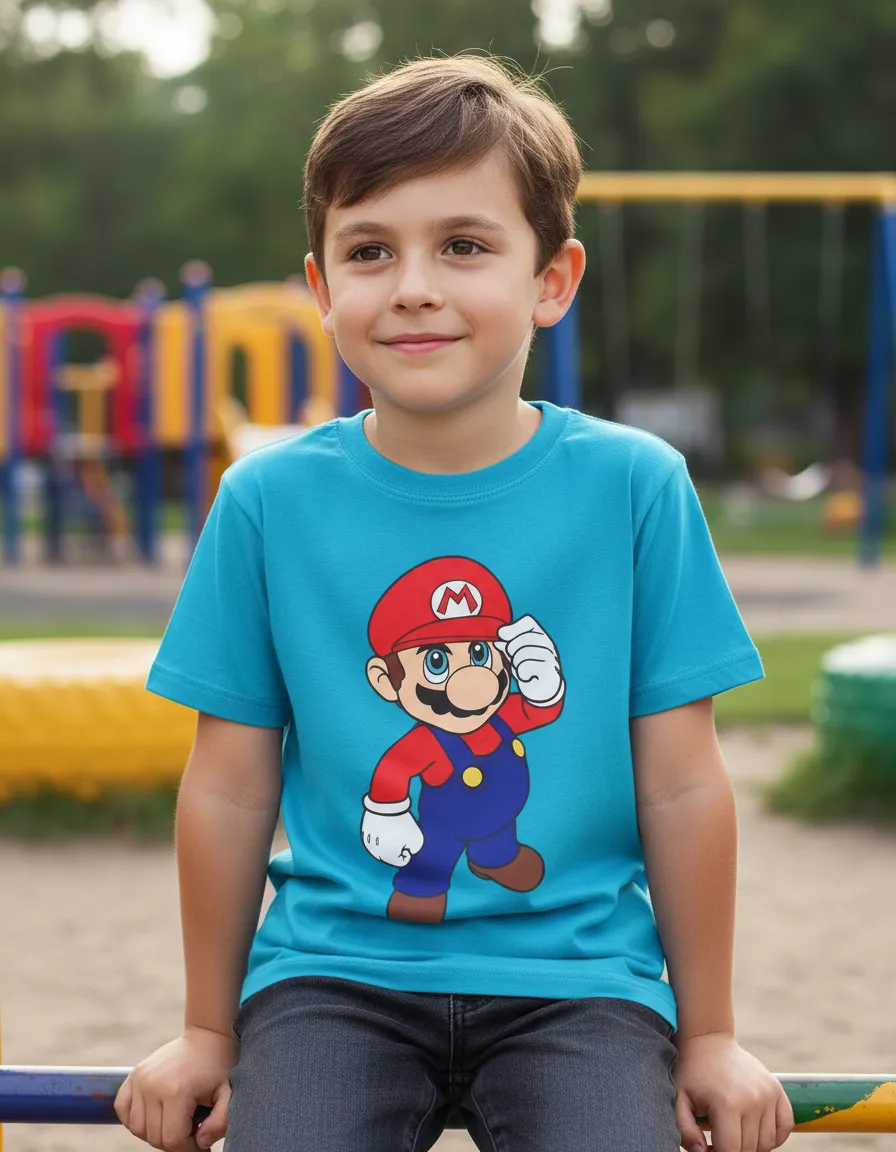 Camiseta Azul-turquesa Infantil Mário Bros Mod.2 mlc