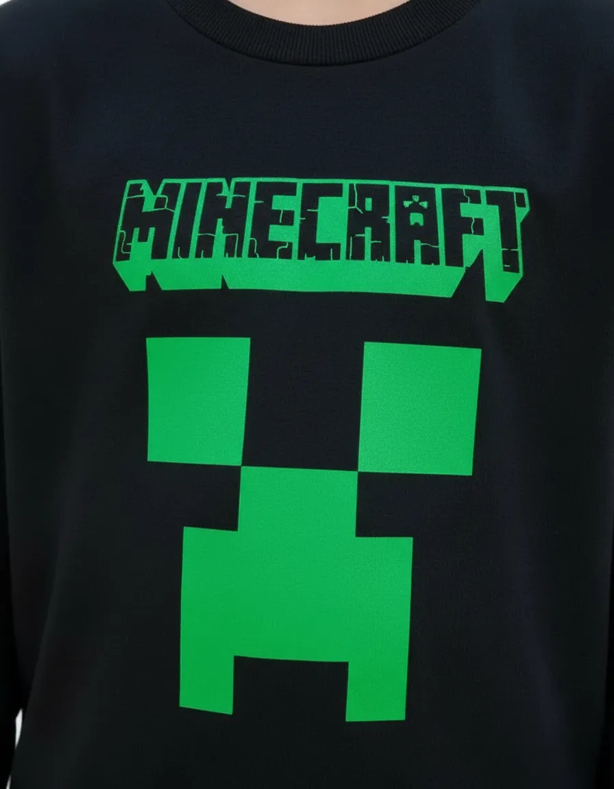 Camiseta Manga Comprida Longa Preta Infantil Unissex Minecraft Creeper Silk Screen Manual mlc