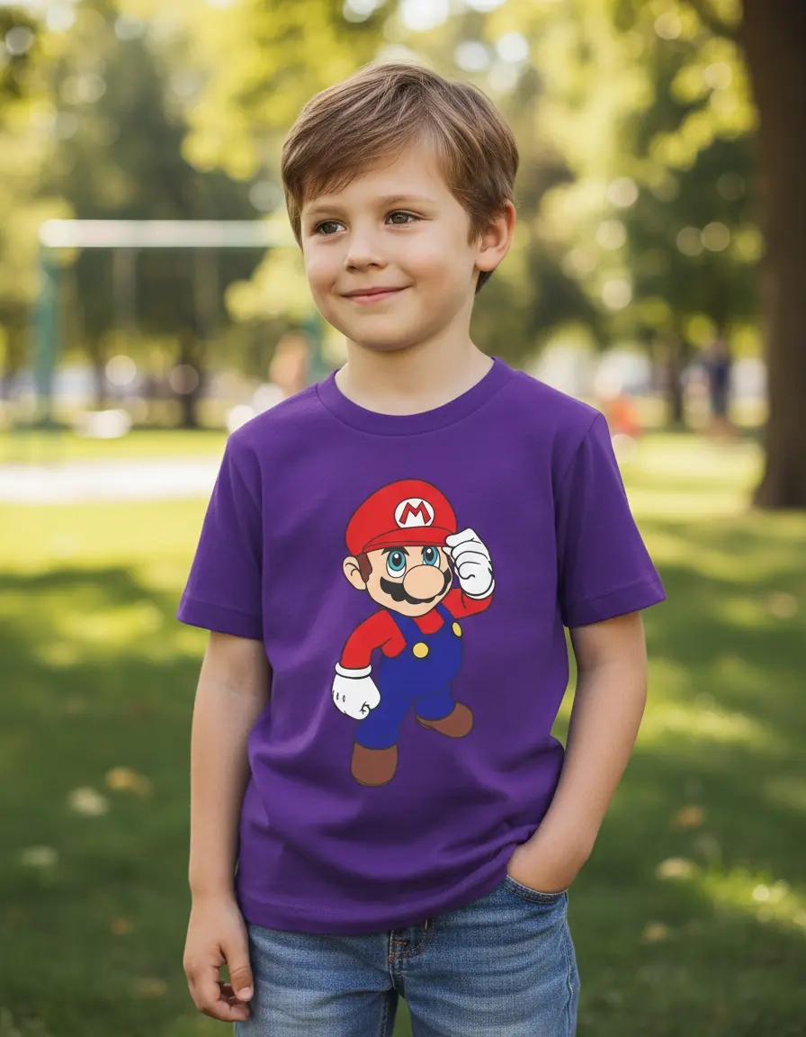 Camiseta Roxa Infantil Super Mário Bros Mod. 2 mlc