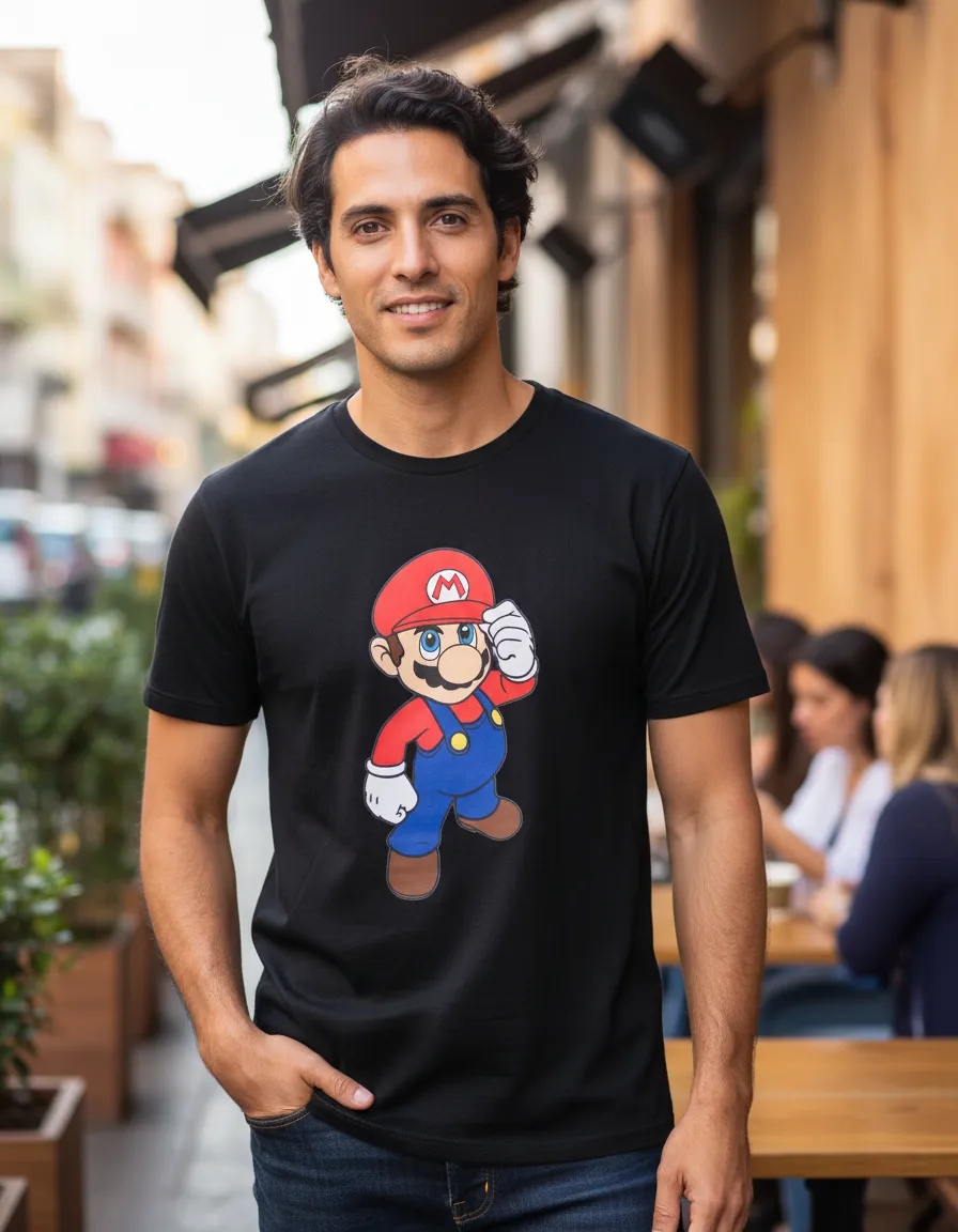 Camiseta Preta Manga Curta Adulto Unissex Super Mario Bros mlc