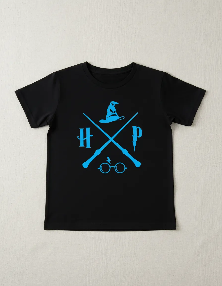 Camiseta Manga Curta Menino Menina Infantil Preta Harry Potter Logo Azul Estampa Silk Screen Manual Mercado Livre