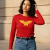 Camiseta Manga Longa Baby Look Vermelha Mulher Maravilha mlr