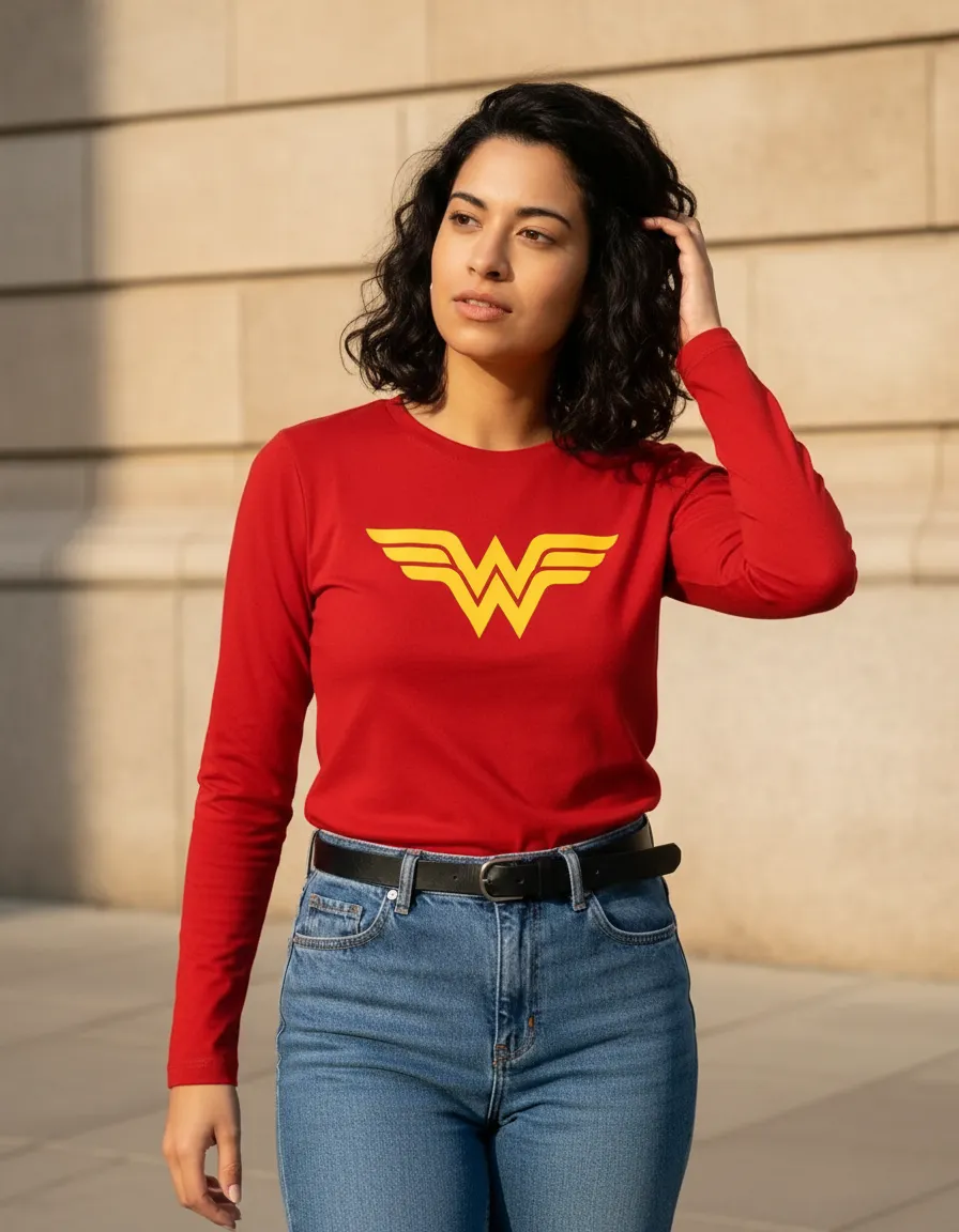 Camiseta Manga Longa Baby Look Vermelha Mulher Maravilha mlr