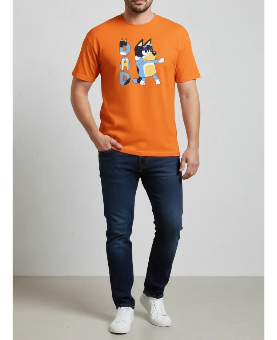 Camiseta Laranja Adulto Unissex Bluey Pai Bandit mlc