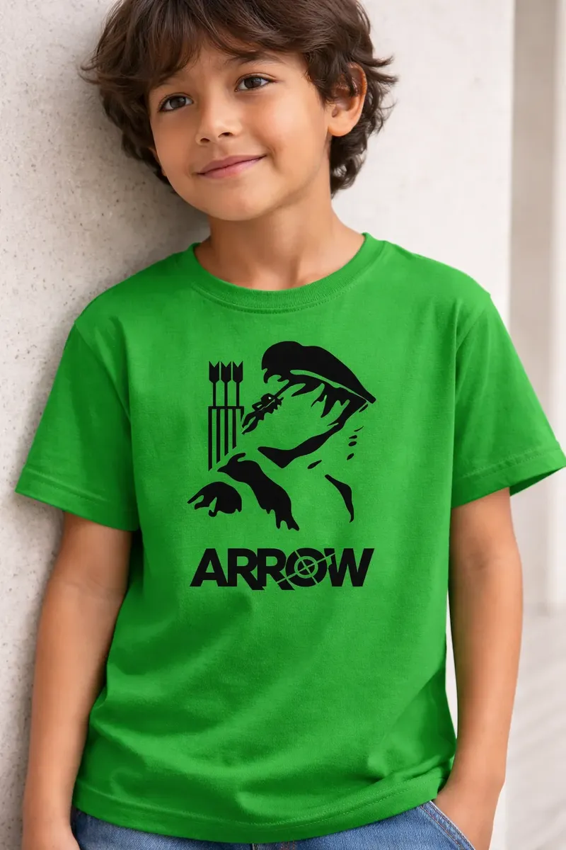 Camiseta Manga Curta Verde Infantil Unissex Arrow Arqueiro Verde Silk Screen Manual Premium ML