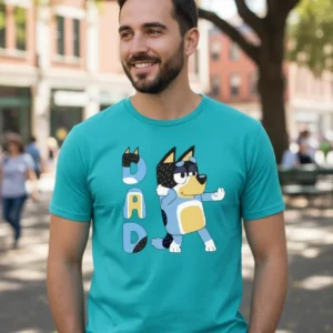 Camiseta Masculina Desenho Pai Bluey Bandit Tradicional Cor Azul-Turquesa mlc