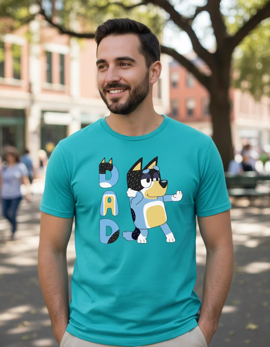 Camiseta Masculina Desenho Pai Bluey Bandit Tradicional Cor Azul-Turquesa mlc
