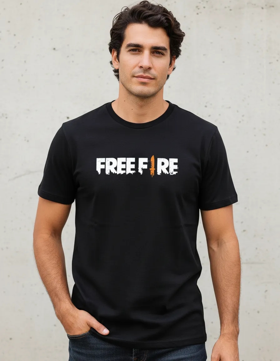 Camiseta Manga Curta Preta Adulto Unissex Free Fire mlc
