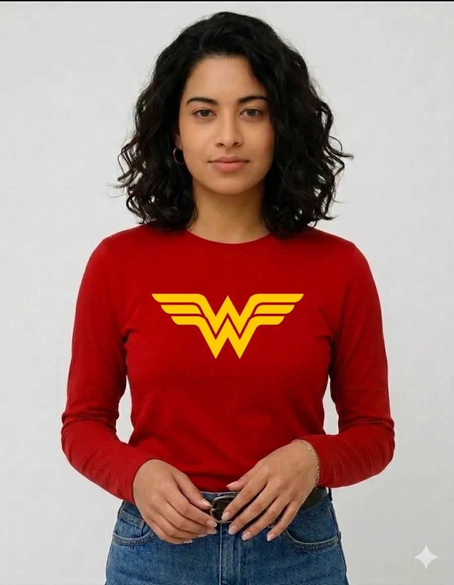 Camiseta Manga Longa Baby Look Vermelha Mulher Maravilha mlr