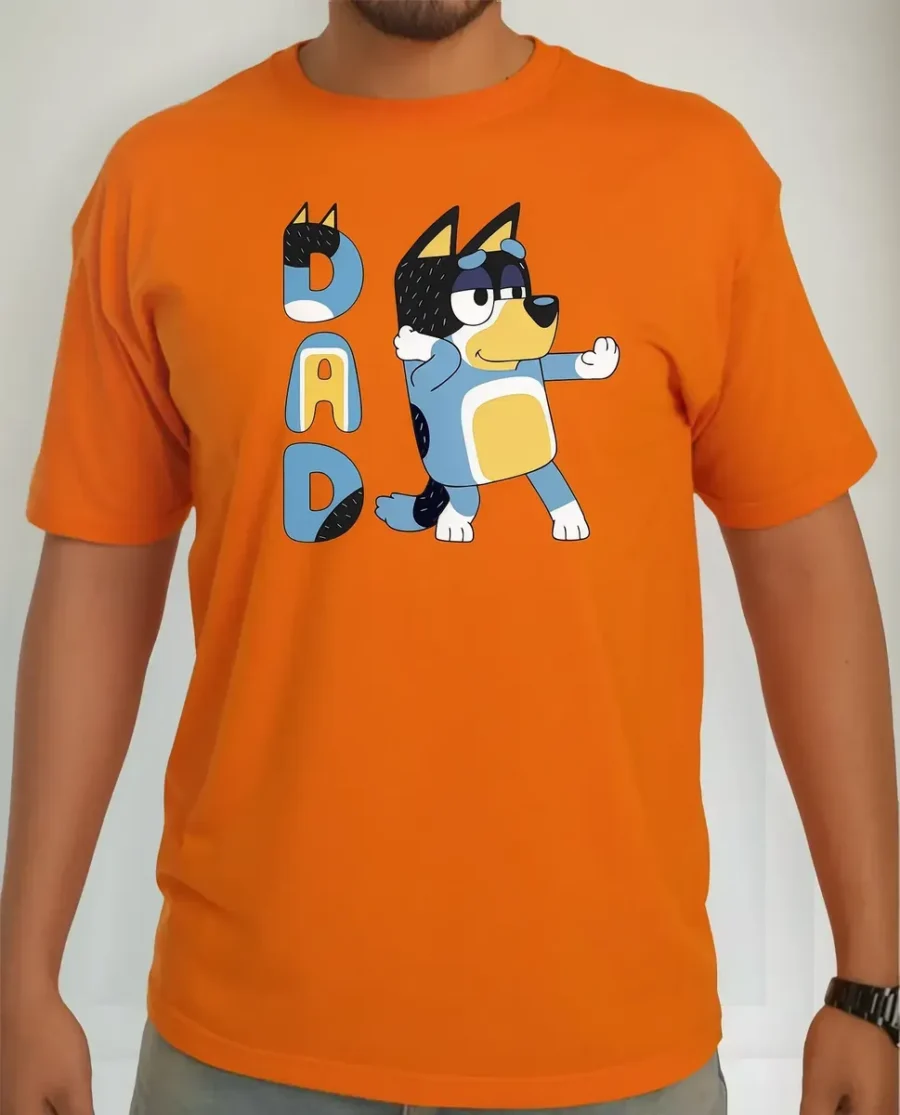 Camiseta Laranja Adulto Unissex Bluey Pai Bandit mlc