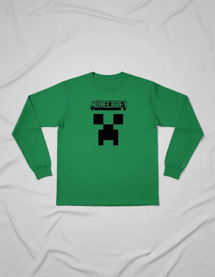 Camiseta Manga Comprida Adulto Unissex Verde Minecraft Creeper mlc