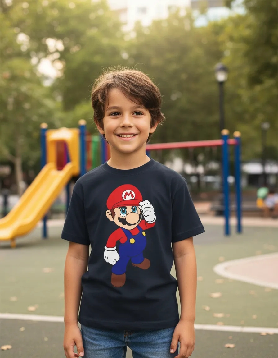 Camiseta Azul-marinho Infantil Super Mario Bros Mod.2 mlr