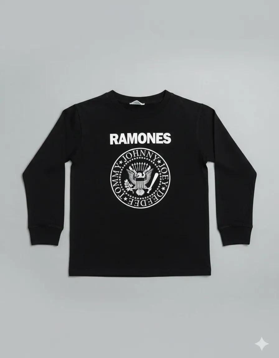 Camiseta Manga Longa Preta Infantil Unissex Banda Ramones mlc