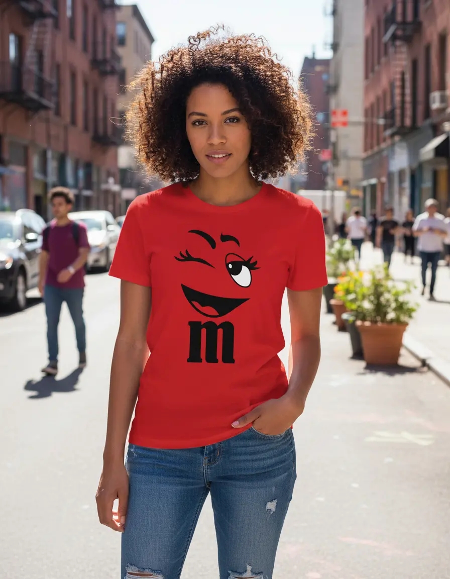 Camiseta Vermelha M&m Baby Look Piscadinha Divertido mlr