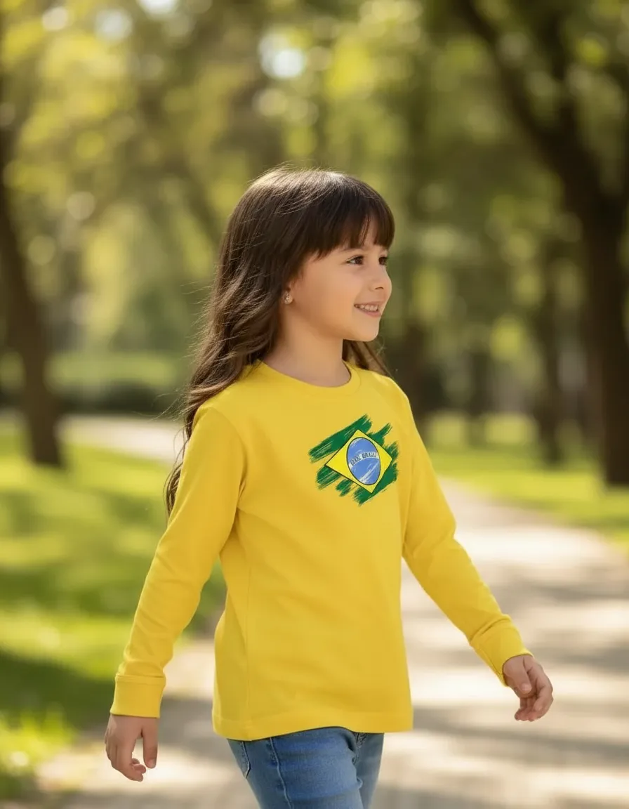 Camiseta Amarela Manga Comprida Infantil Copa ( Meu Brasil ) mlc