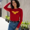 Camiseta Manga Longa Baby Look Vermelha Mulher Maravilha mlr