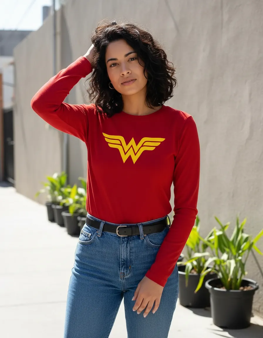Camiseta Manga Longa Baby Look Vermelha Mulher Maravilha mlr
