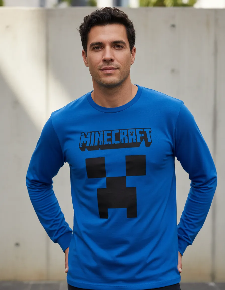 Camiseta Manga Comprida Adulto Unissex Azul Minecraft Creeper mlc