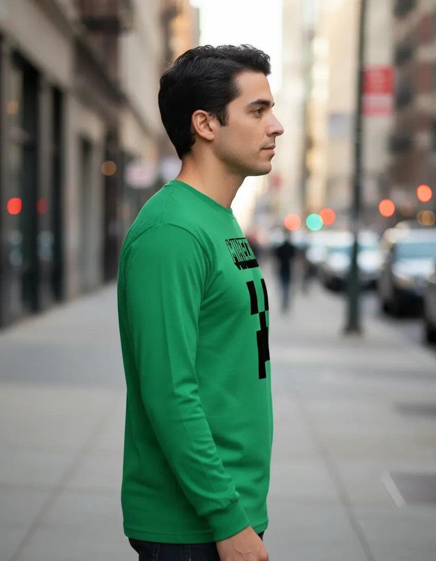 Camiseta Manga Comprida Adulto Unissex Verde Minecraft Creeper mlc