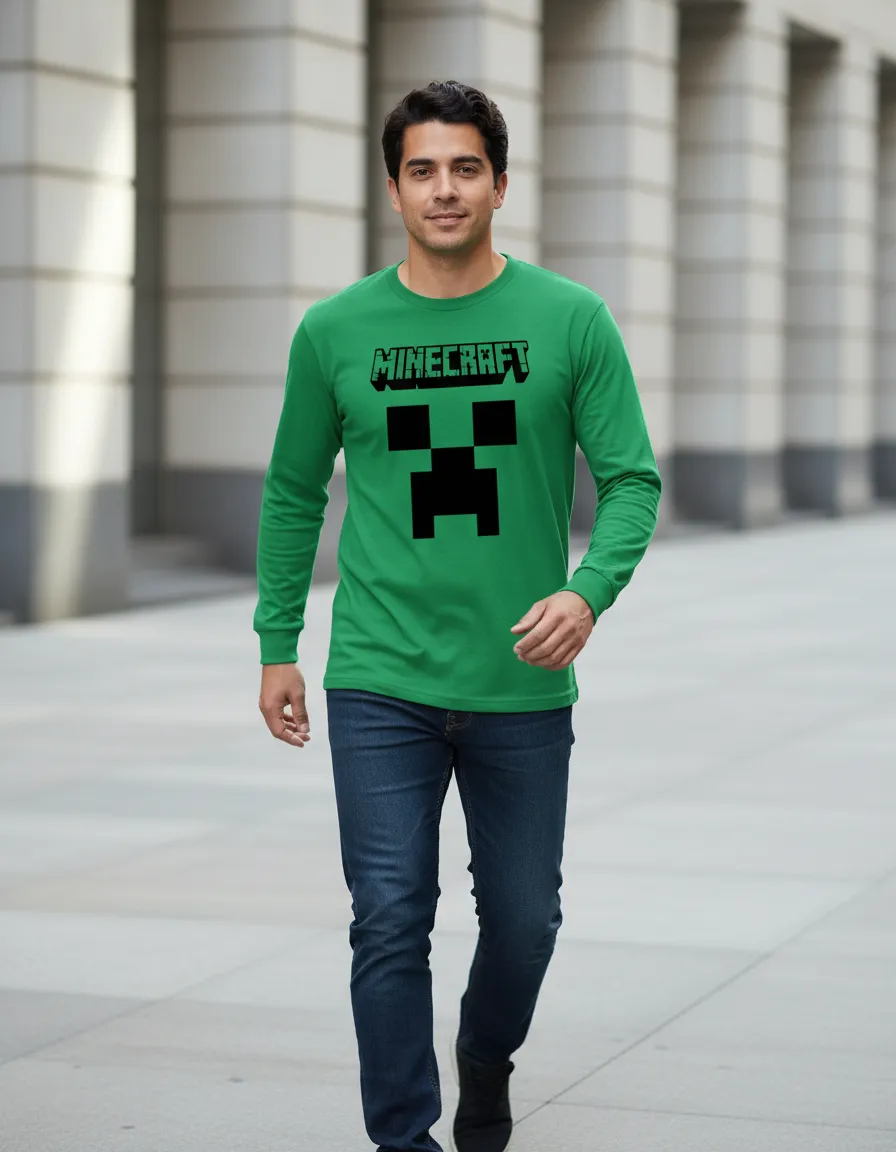 Camiseta Manga Comprida Adulto Unissex Verde Minecraft Creeper mlc