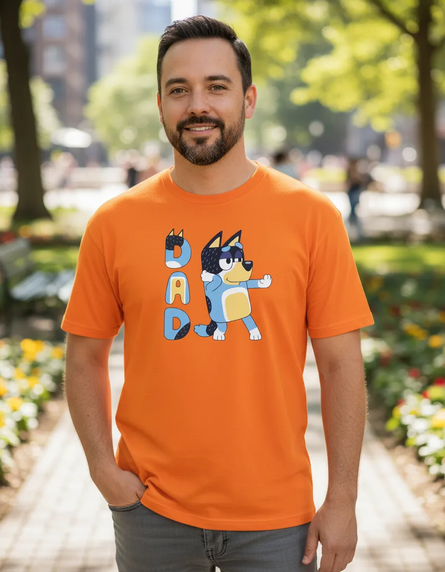 Camiseta Laranja Adulto Unissex Bluey Pai Bandit mlc