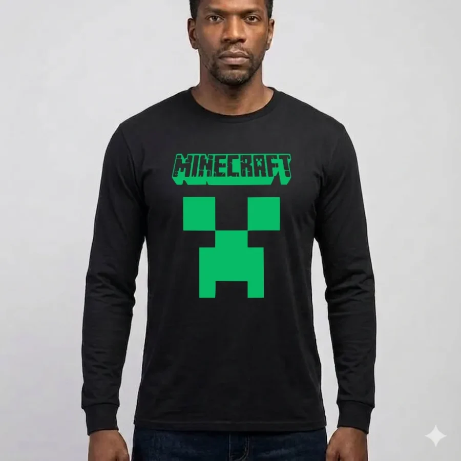 Camiseta Manga Comprida Adulto Unissex Preta Minecraft Creeper mlc