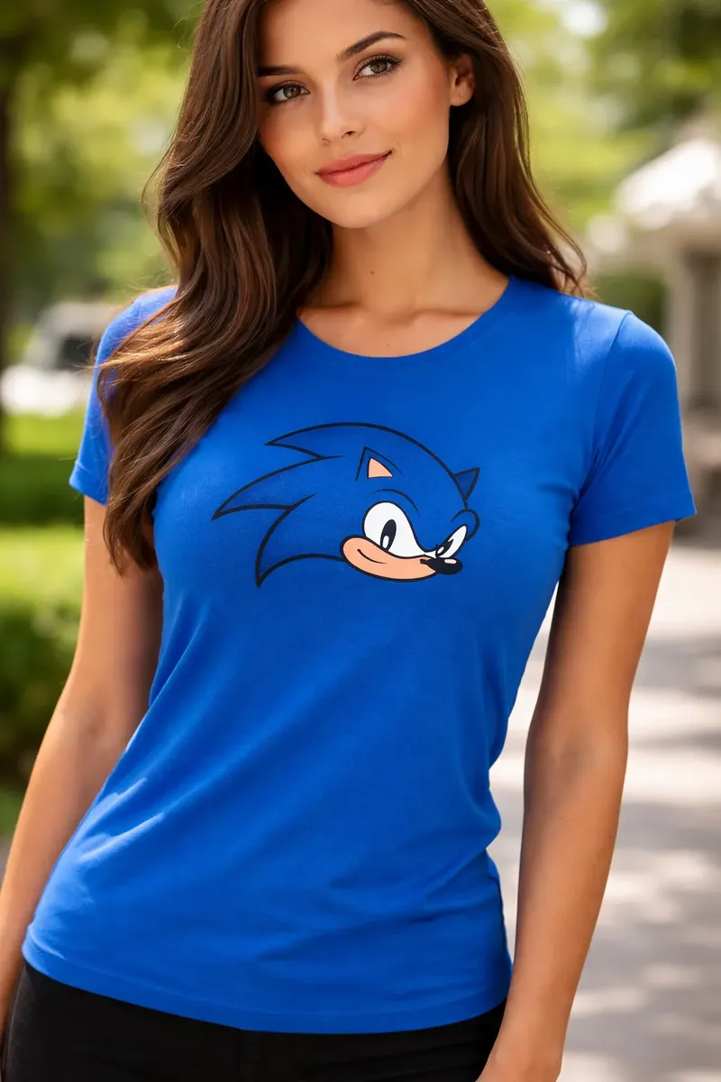 Camiseta Azul Baby Look Sonic the Hedgehog mlc