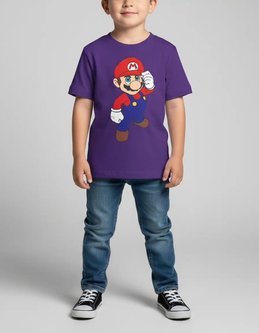 Camiseta Roxa Infantil Super Mário Bros Mod. 2 mlc