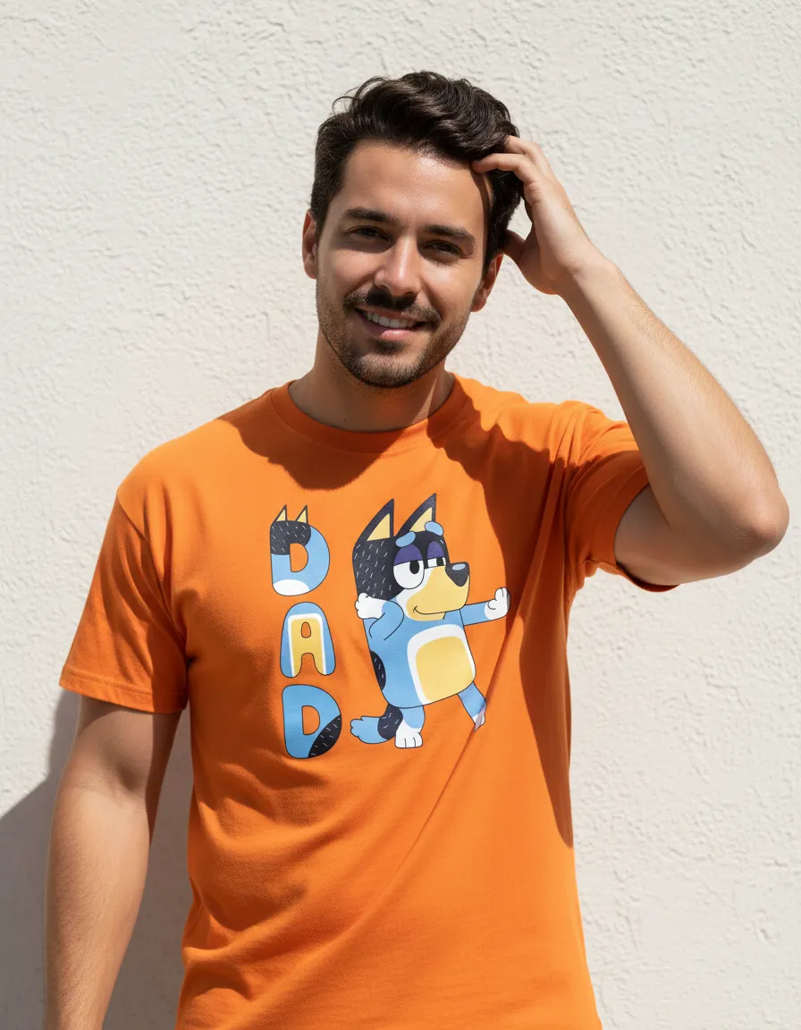 Camiseta Laranja Adulto Unissex Bluey Pai Bandit mlc