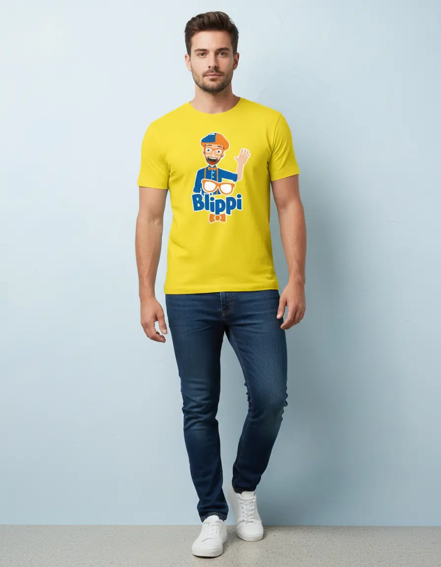 D_NQ_NP_2X_899704-MLB106680543375_022026-F-camiseta-blippi-adulto-tradicional-t-shirt Camiseta Manga Curta Amarela Adulto Unissex Blippi Youtuber T-shirt ML