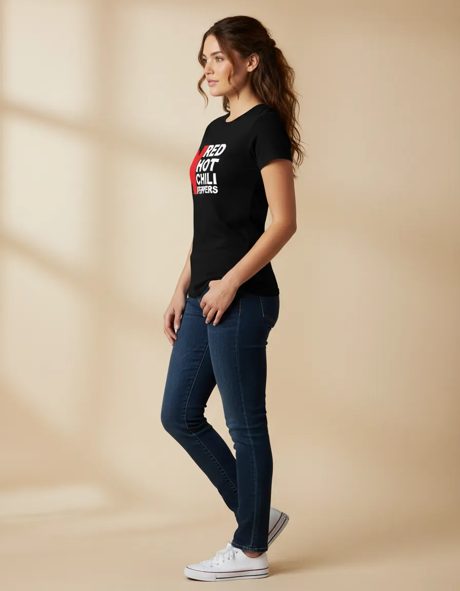 Camiseta Manga Curta Baby Look Preta Feminina Red Hot Chilli Peppers Silk Screen Manual Premium spe