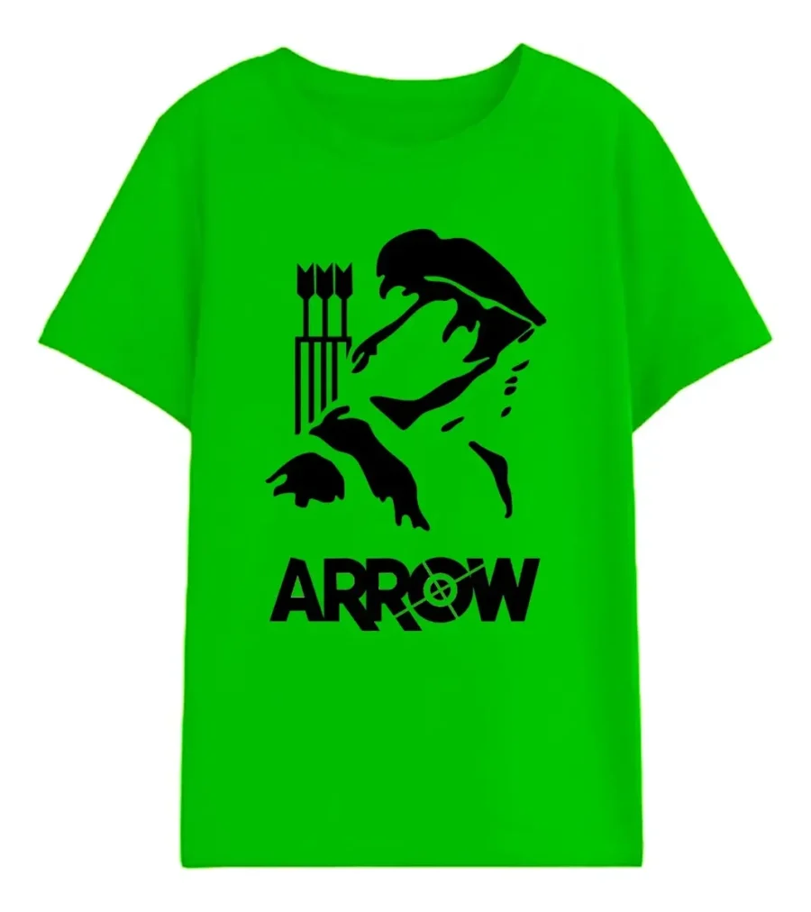 Camiseta Manga Curta Verde Infantil Unissex Arrow Arqueiro Verde Silk Screen Manual Premium ML