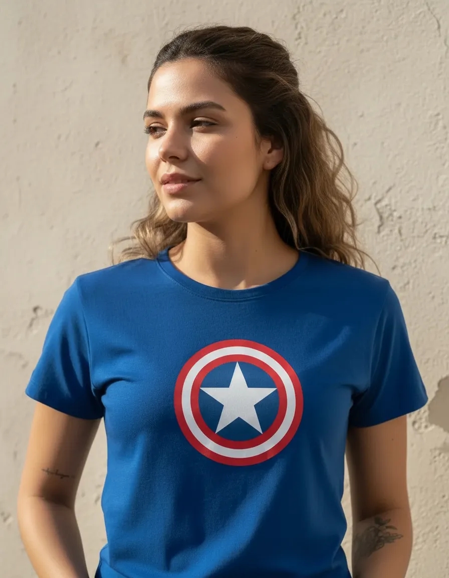 Camiseta Azul Manga Curta Baby Look Capitão América mlc