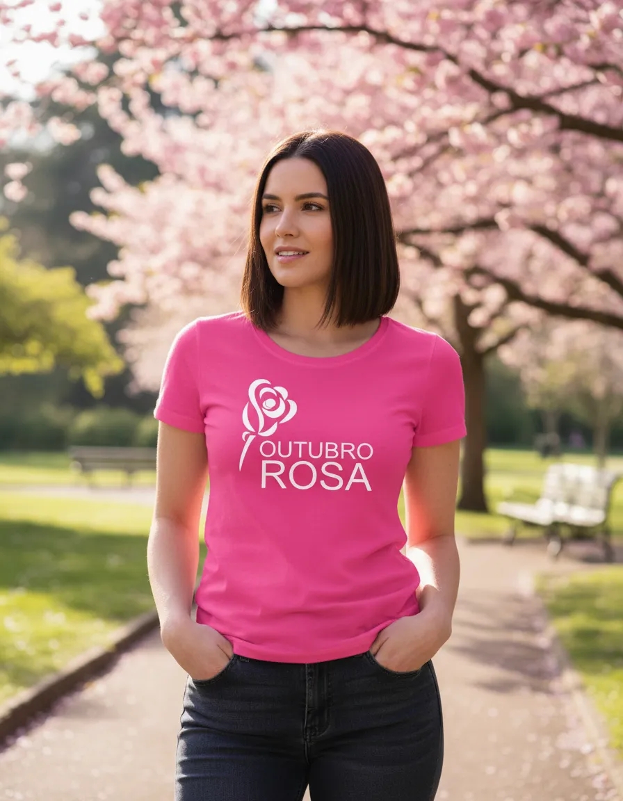 Camiseta Rosa Manga Curta Baby Look Feminina Adulto Outubro Rosa mlc