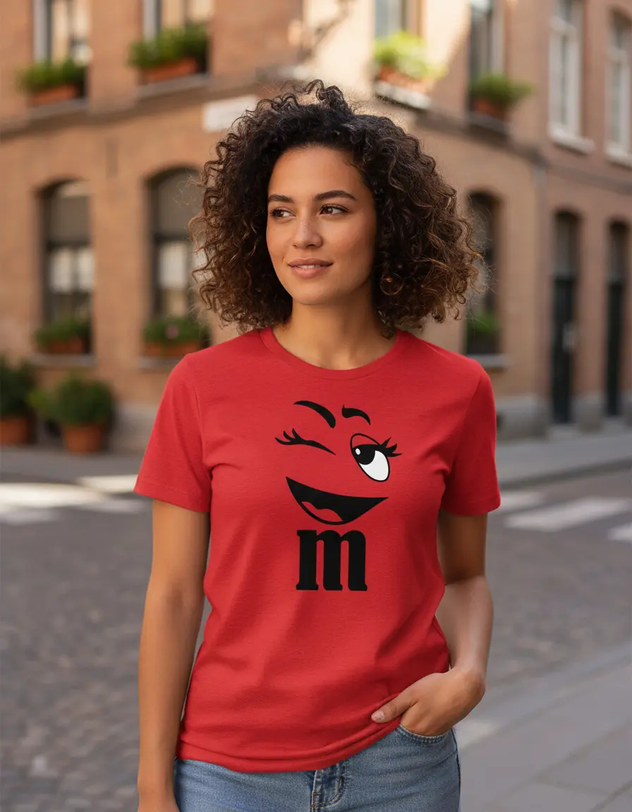 Camiseta Vermelha M&m Baby Look Piscadinha Divertido mlr