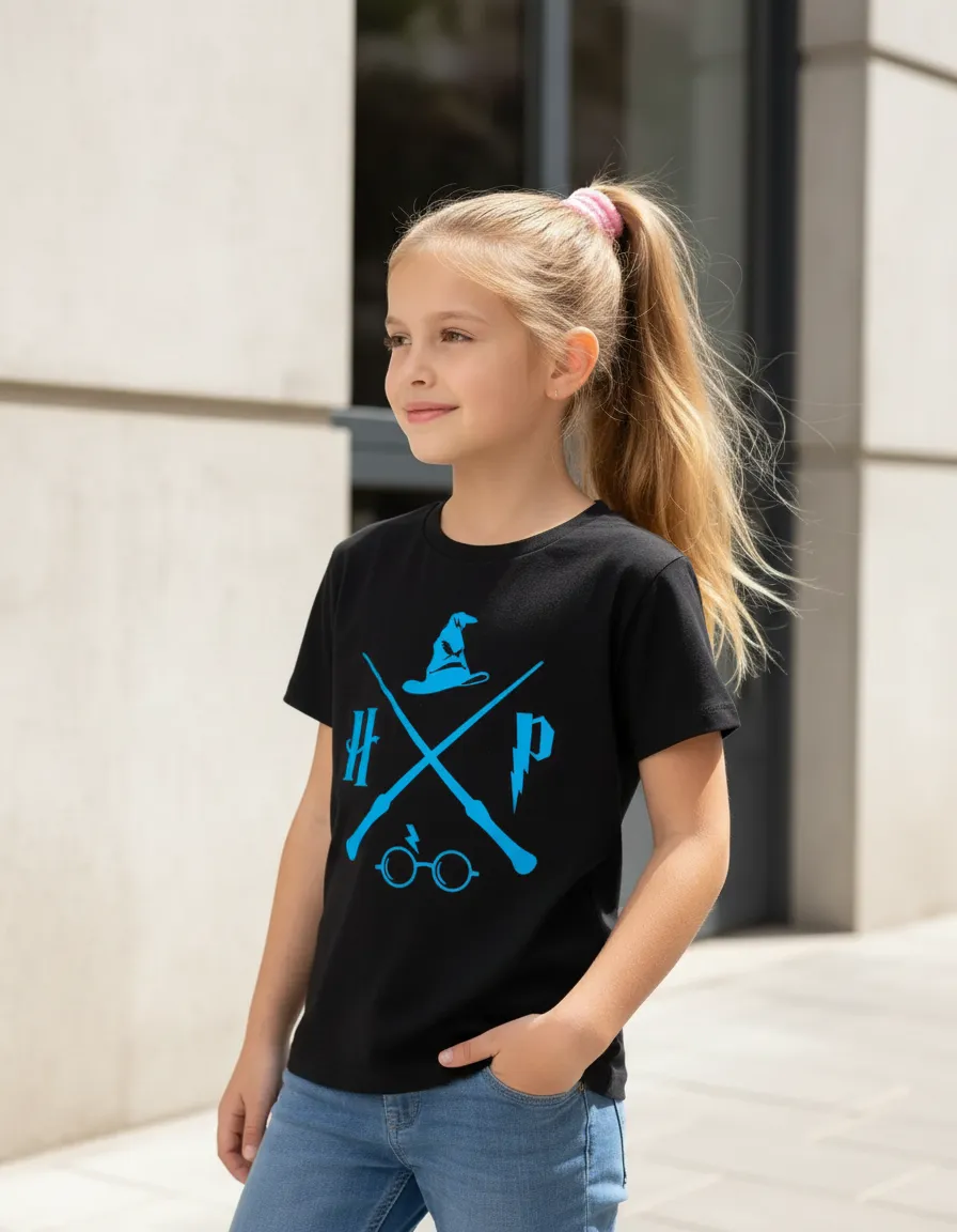 Camiseta Manga Curta Menino Menina Infantil Preta Harry Potter Logo Azul Estampa Silk Screen Manual Mercado Livre