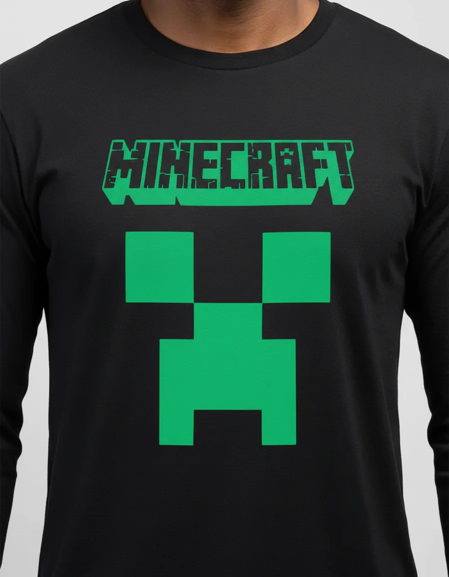 Camiseta Manga Comprida Adulto Unissex Preta Minecraft Creeper mlc