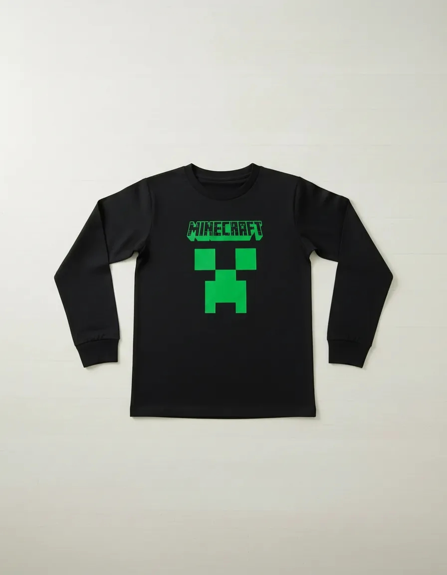 Camiseta Manga Comprida Longa Preta Infantil Unissex Minecraft Creeper Silk Screen Manual mlc